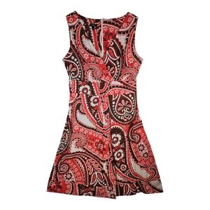 Talbots Coral & Brown Bold Paisley Surplice Neck A-line Cotton Dress 10